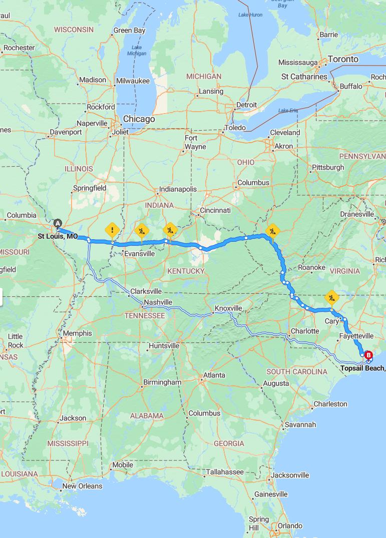 driving from St. Louis, Missouri to Topsail BeachNorth Carolina - map and route