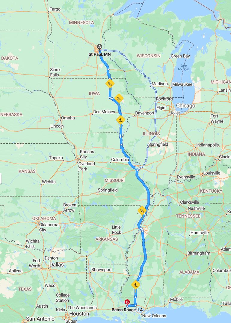 driving from St Paul, Minnesota to Baton RougeLouisiana - map and route