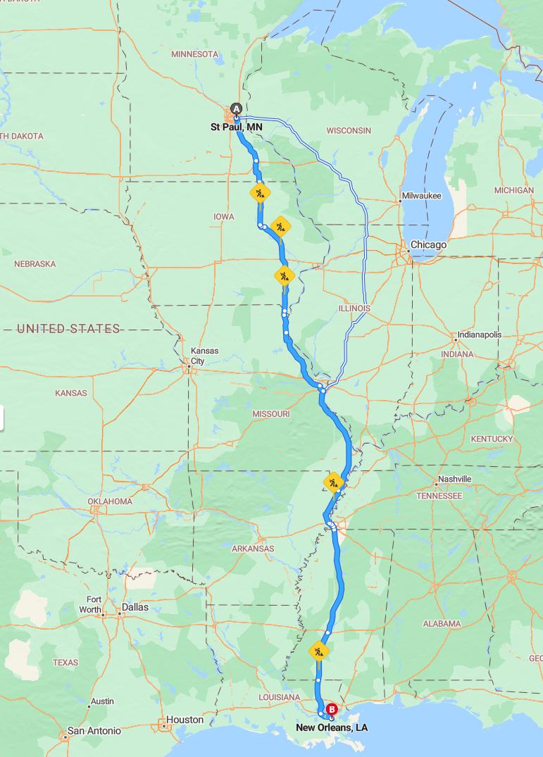 driving from St. Paul, Minnesota to New OrleansLouisiana - map and route