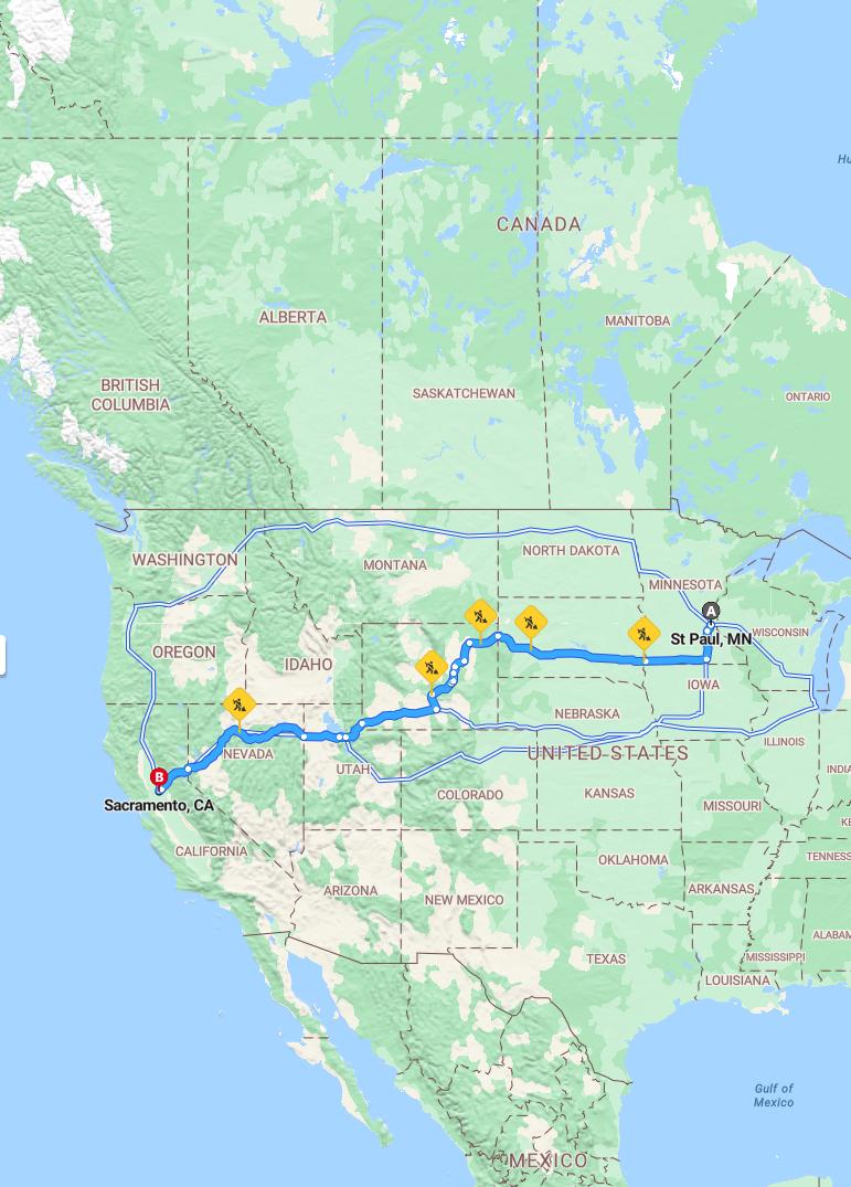 driving from St. Paul, Minnesota to SacramentoCalifornia - map and route
