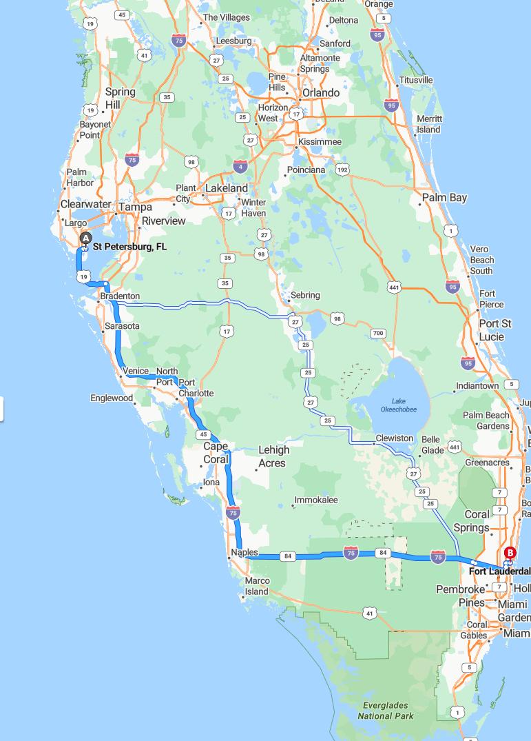 driving from St. Petersburg, Florida to Fort LauderdaleFlorida - map and route