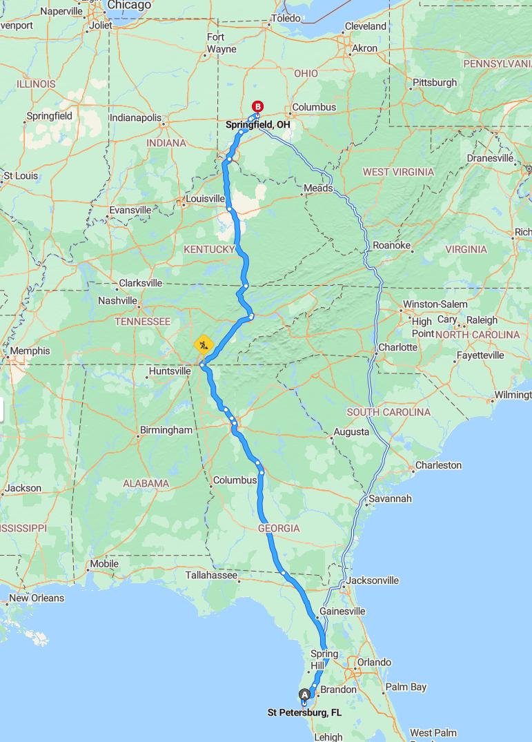 driving from St. Petersburg, Florida to SpringfieldOhio - map and route
