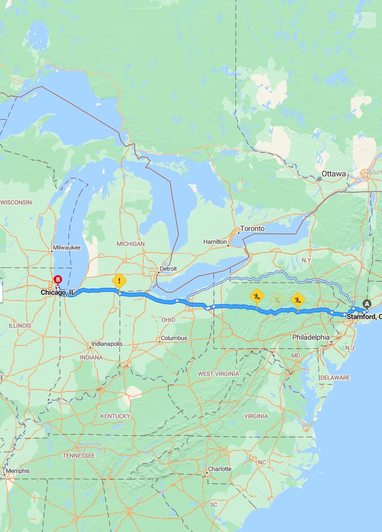 driving from Stamford, Connecticut to ChicagoIllinois - map and route