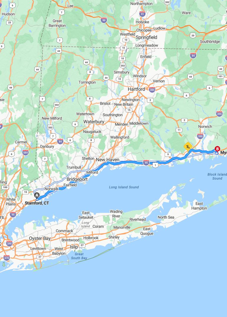 driving from Stamford, Connecticut to MysticConnecticut - map and route