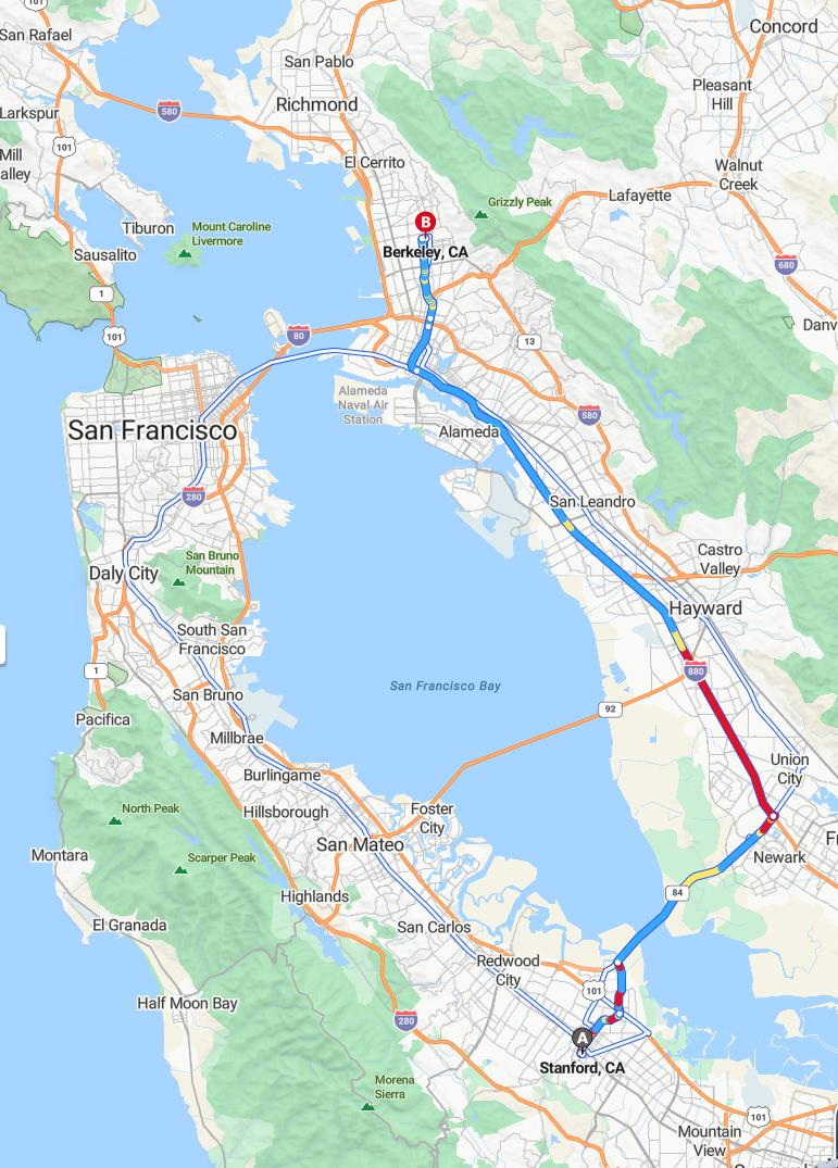 driving from Stanford, California to BerkeleyCalifornia - map and route