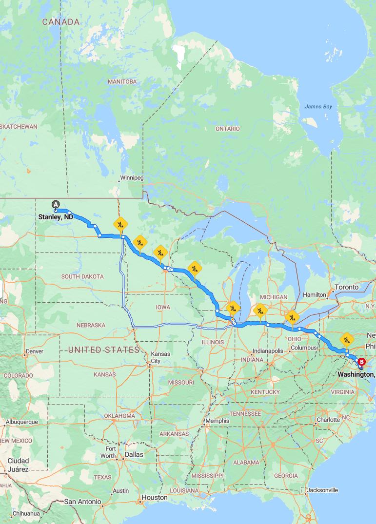 driving from Stanley, North Dakota to WashingtonDistrict of Columbia - map and route
