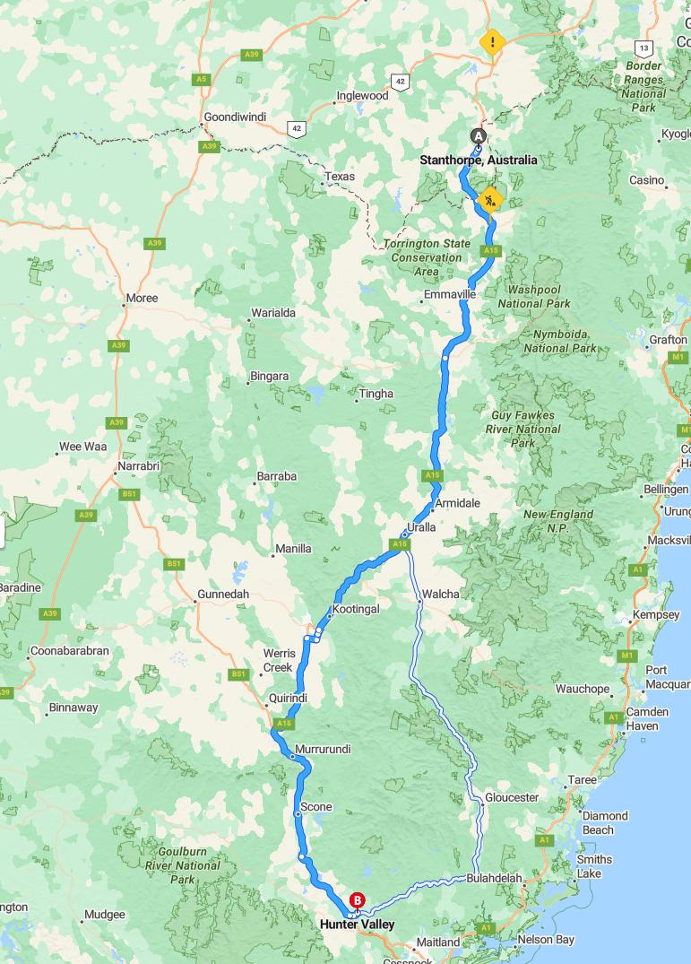 driving from Stanthorpe, Queensland to Hunter ValleyNew South Wales - map and route