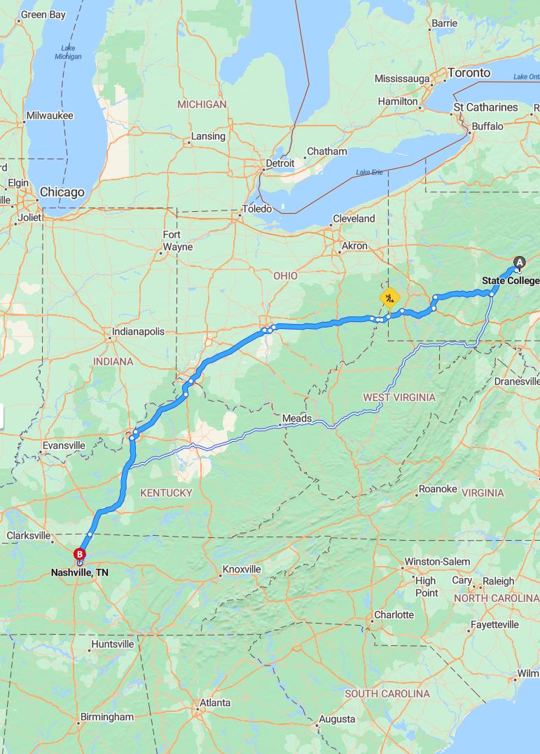 driving from State College, Pennsylvania to NashvilleTennessee - map and route