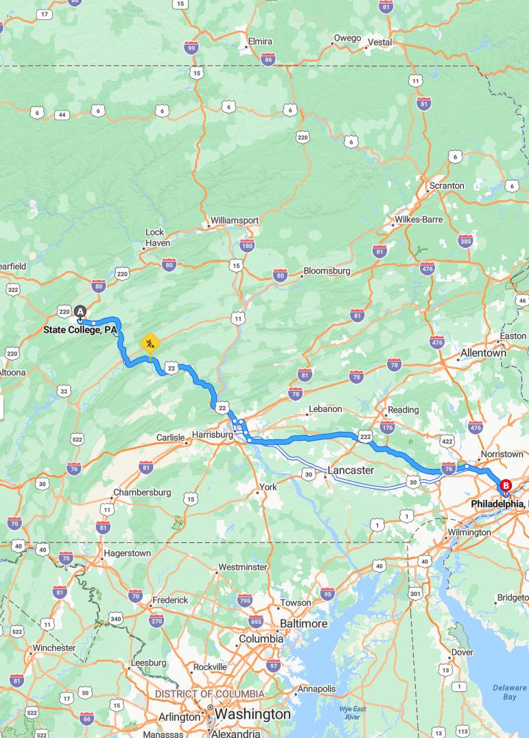 driving from State College, Pennsylvania to PhiladelphiaPennsylvania - map and route