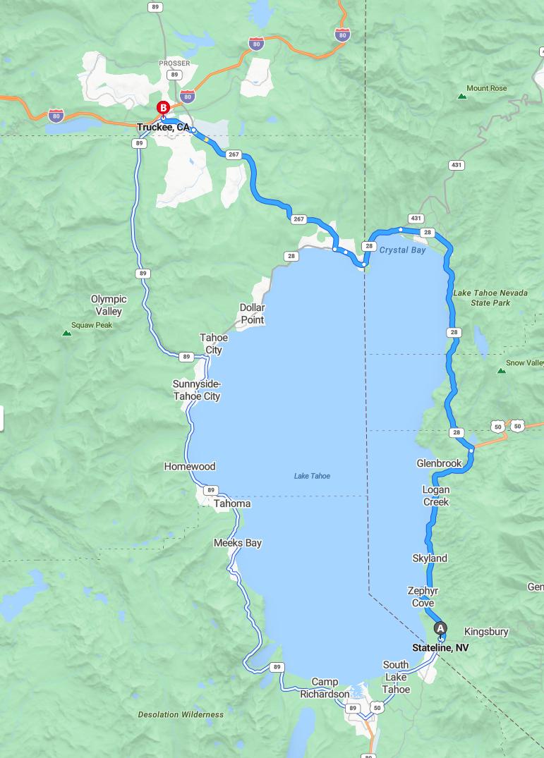 driving from Stateline, Nevada to TruckeeCalifornia - map and route