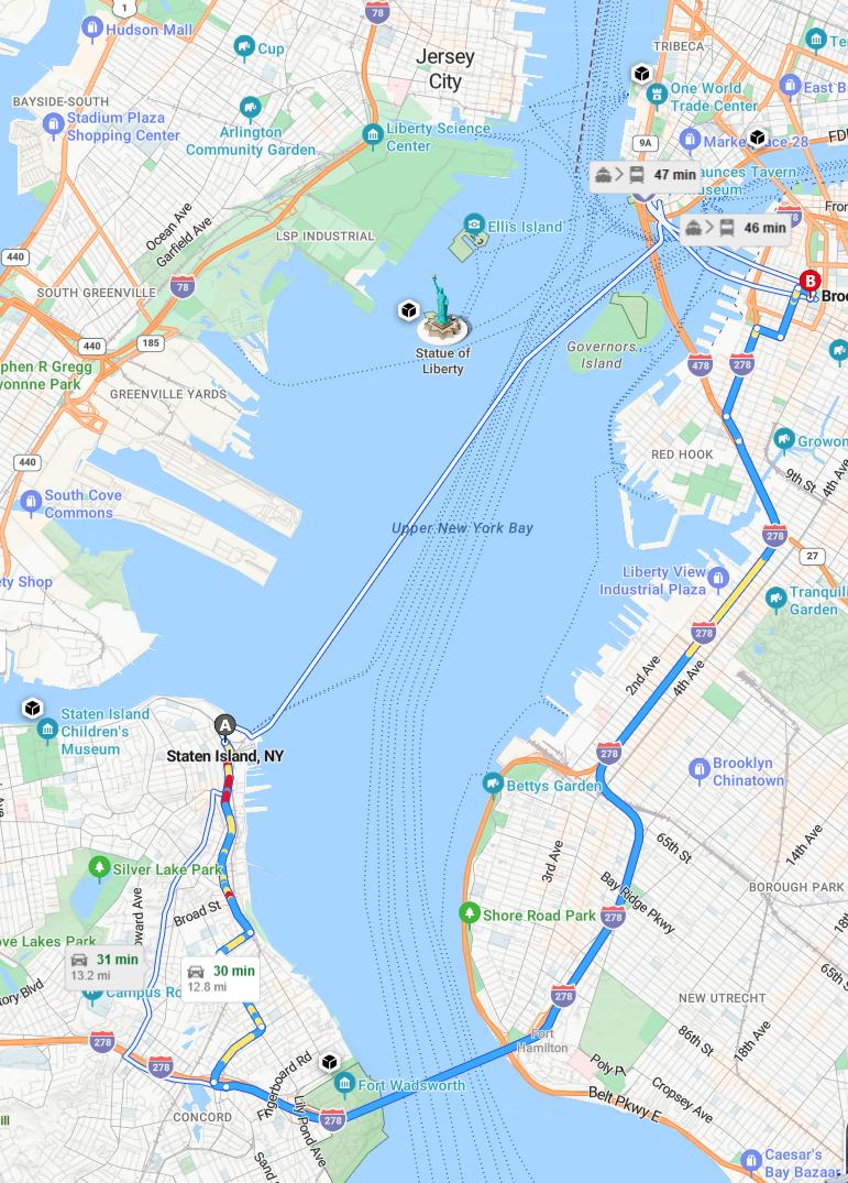 driving from Staten Island, New York to BrooklynNew York - map and route