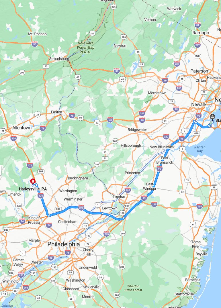 driving from Staten Island, New York to HarleysvillePennsylvania - map and route