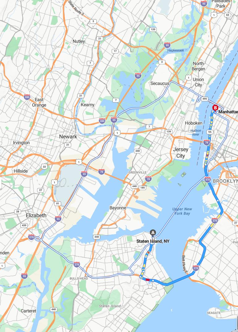 driving from Staten Island, New York to ManhattanNew York - map and route