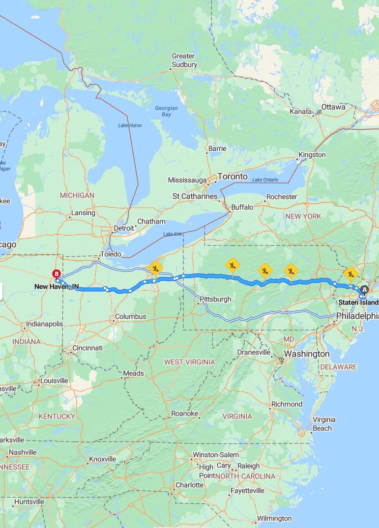 driving from Staten Island, New York to New HavenIndiana - map and route