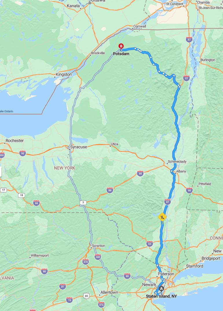 driving from Staten Island, New York to PotsdamNew York - map and route