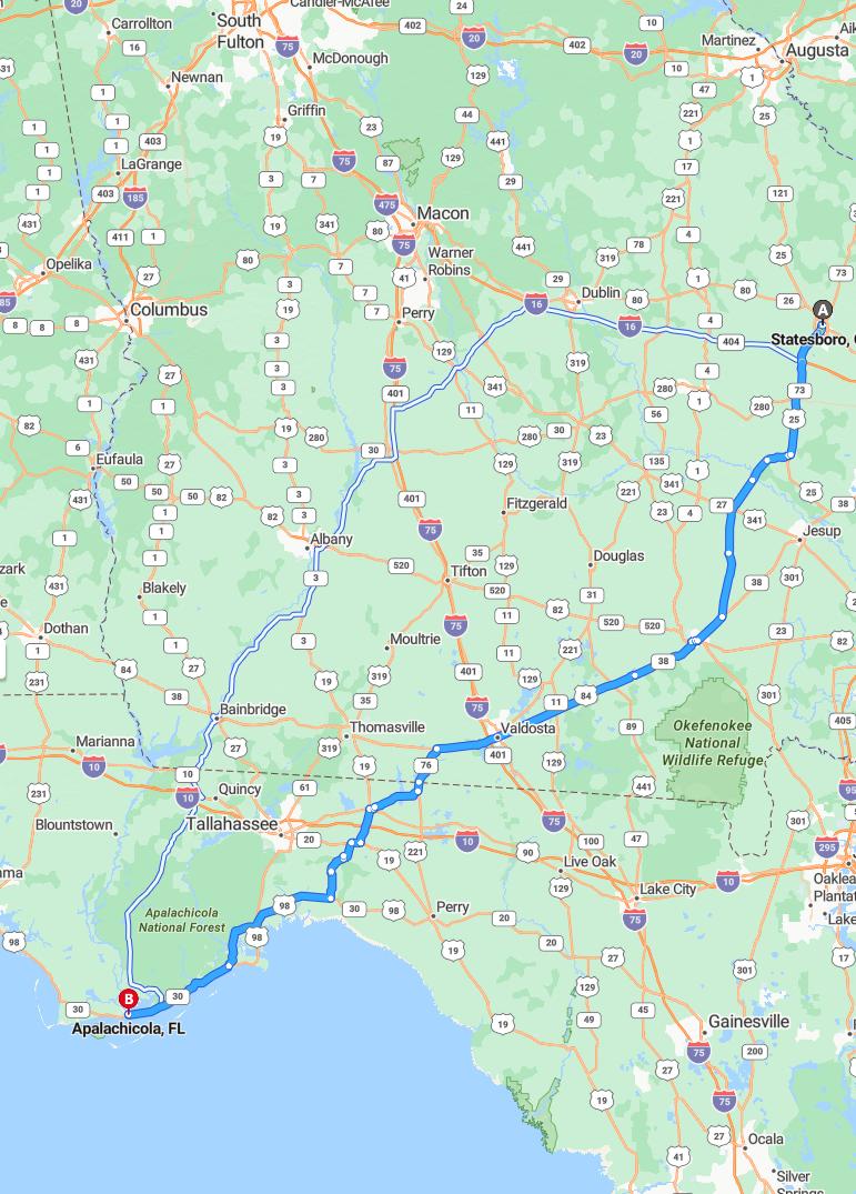 driving from Statesboro, Georgia to ApalachicolaFlorida - map and route