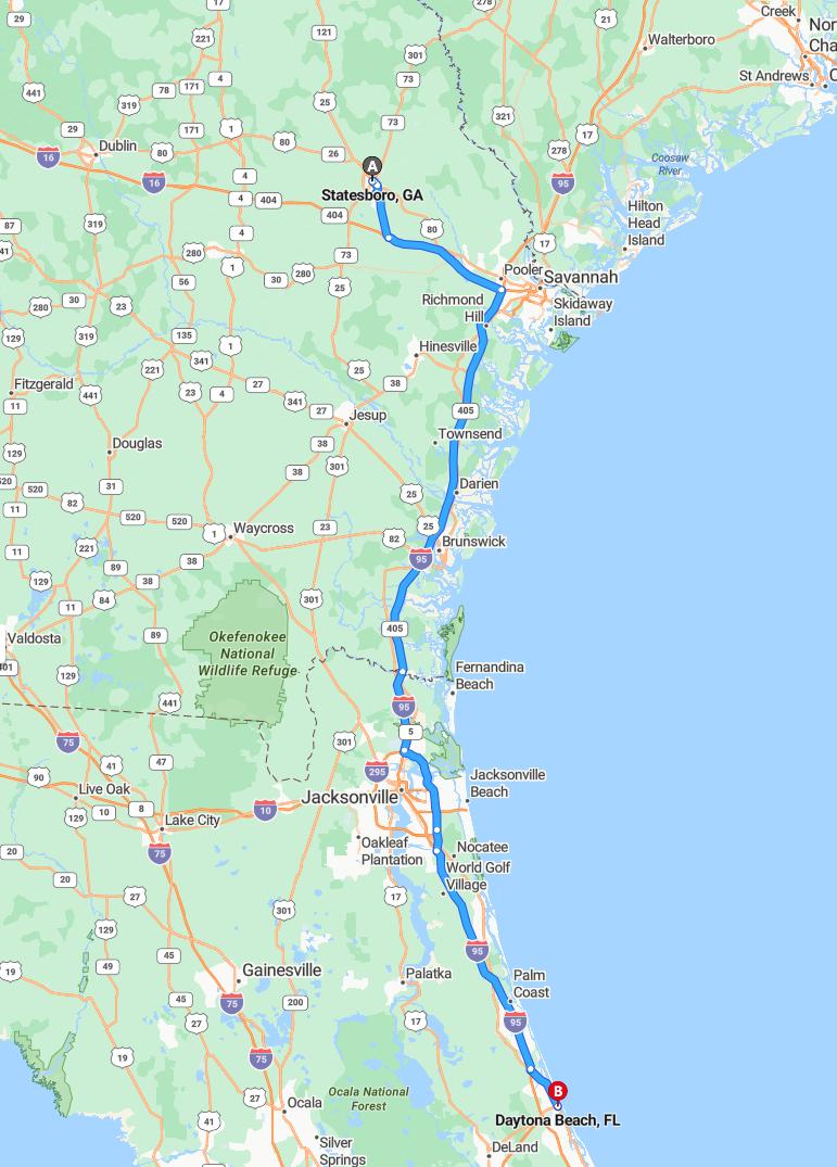 driving from Statesboro, Georgia to DaytonaFlorida - map and route