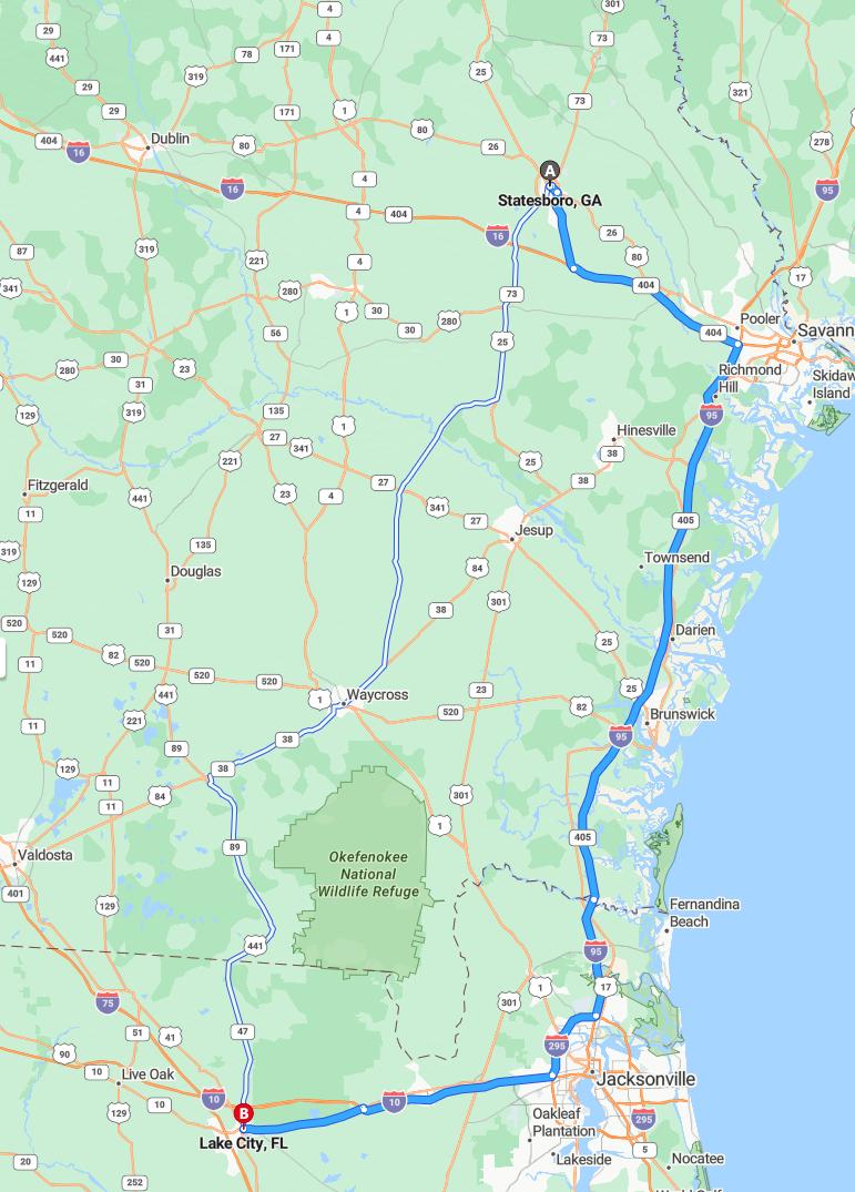 driving from Statesboro, Georgia to Lake CityFlorida - map and route