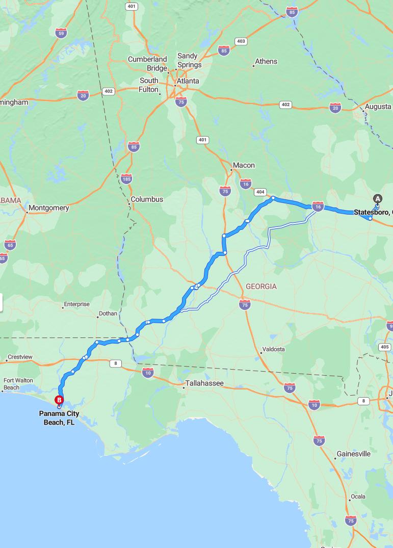 driving from Statesboro, Georgia to Panama City BeachFlorida - map and route