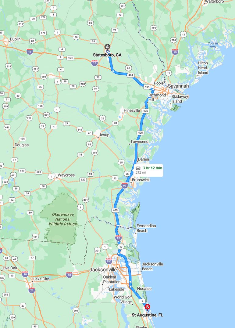 driving from Statesboro, Georgia to St. AugustineFlorida - map and route