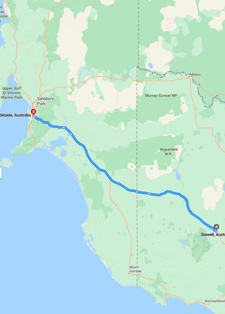 driving from Stawell, Victoria to AdelaideSouth Australia - map and route