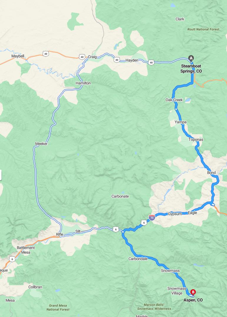 driving from Steamboat Springs, Colorado to AspenColorado - map and route