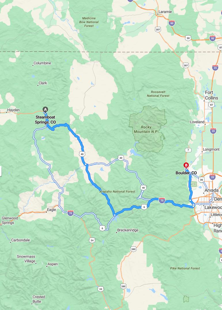 driving from Steamboat Springs, Colorado to BoulderColorado - map and route