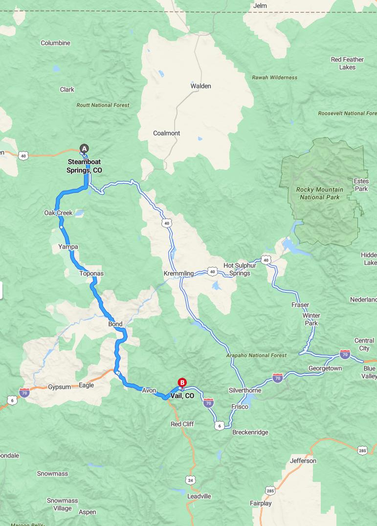 driving from Steamboat Springs, Colorado to VailColorado - map and route