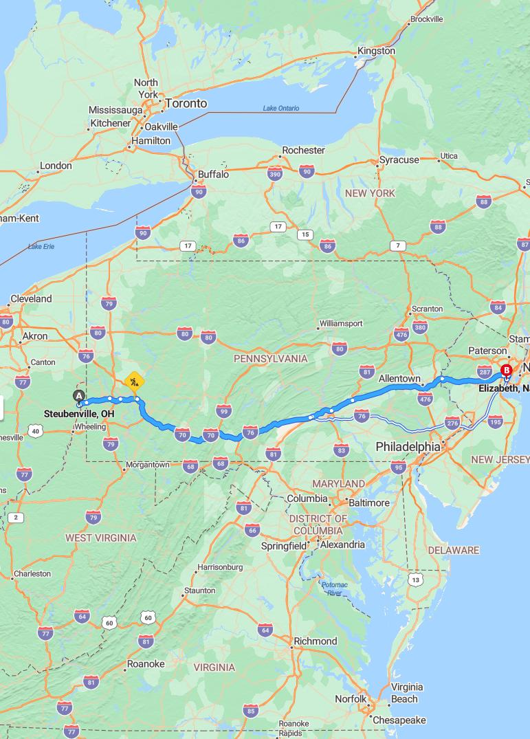 driving from Steubenville, Ohio to ElizabethNew Jersey - map and route