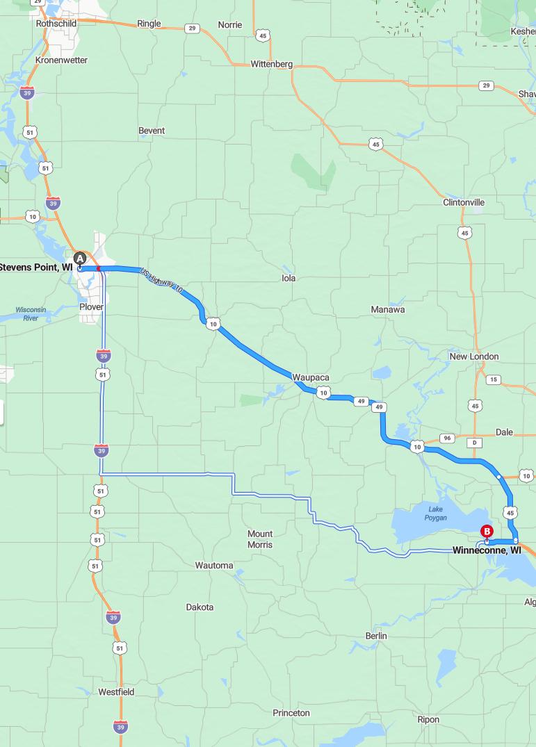 driving from Stevens Point, Wisconsin to WinneconneWisconsin - map and route