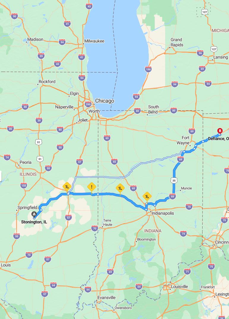 driving from Stonington, Illinois to DefianceOhio - map and route