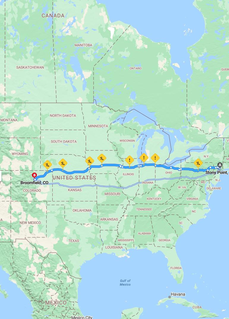 driving from Stony Point, New York to BroomfieldColorado - map and route