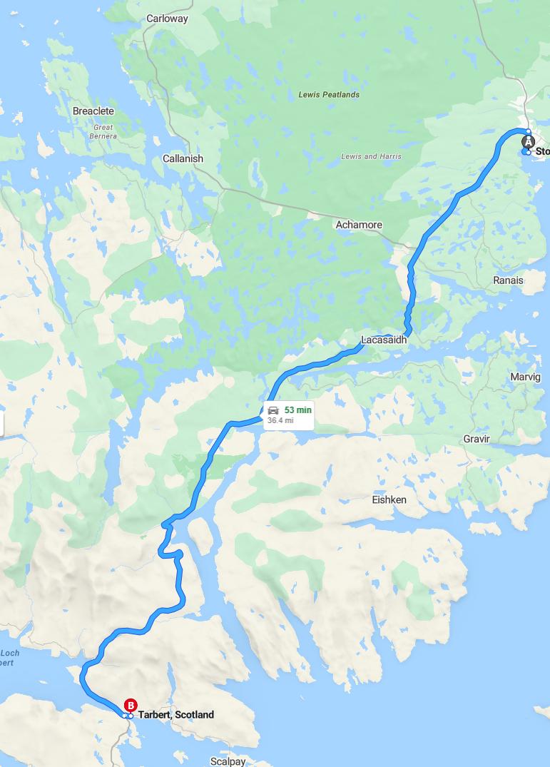 driving from Stornoway, Scotland to TarbertScotland - map and route