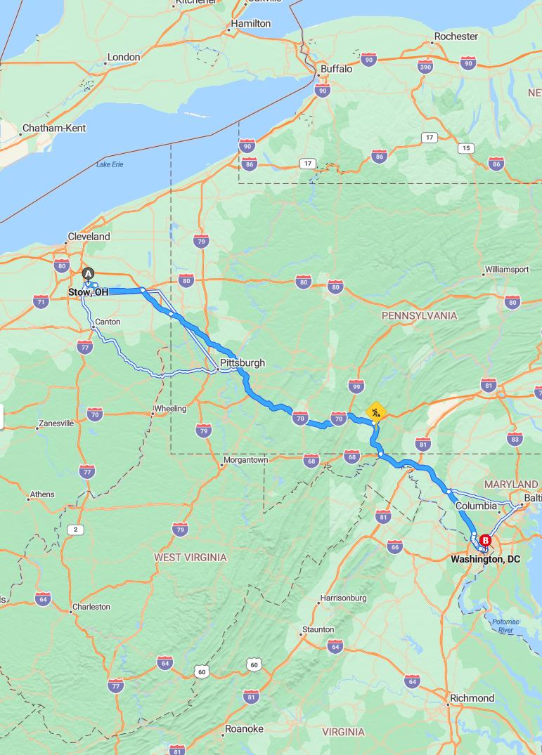 driving from Stow, Ohio to WashingtonDistrict of Columbia - map and route