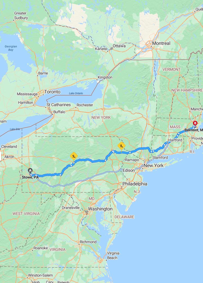 driving from Stowe, Pennsylvania to BelmontMassachusetts - map and route