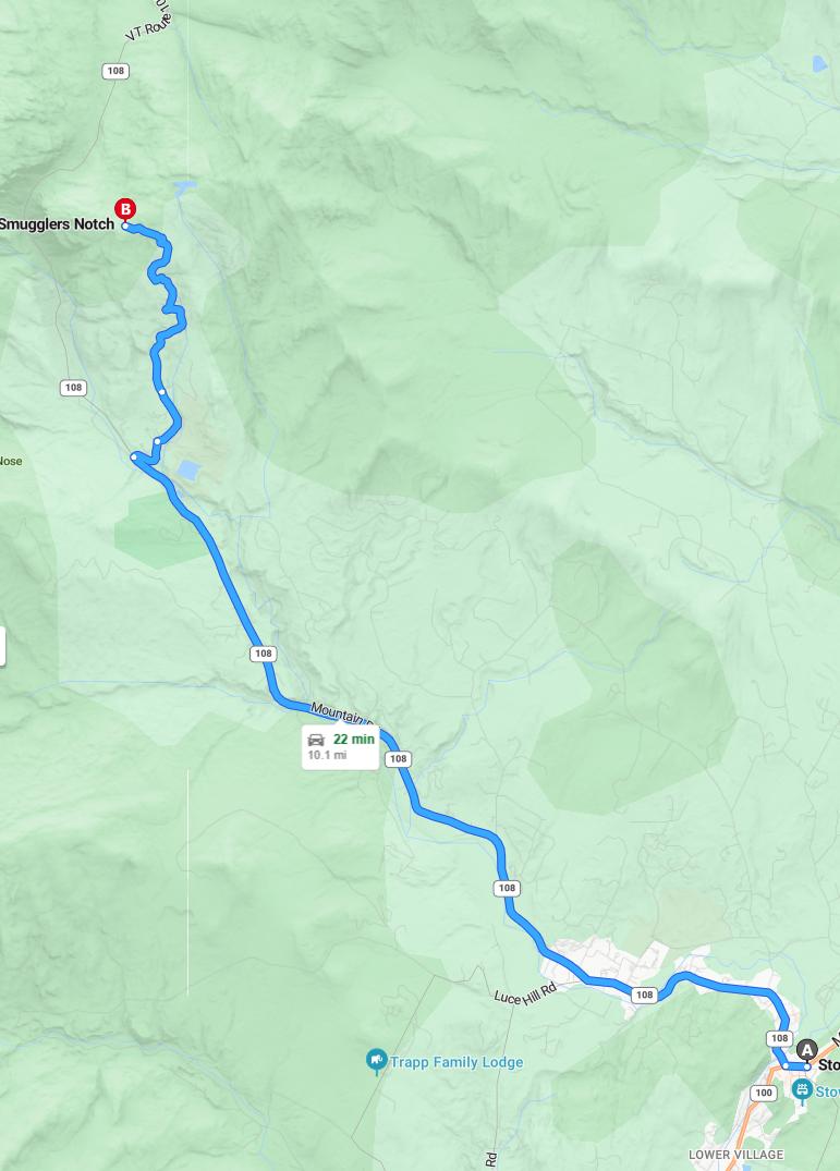 driving from Stowe, Vermont to Smugglers NotchVermont - map and route