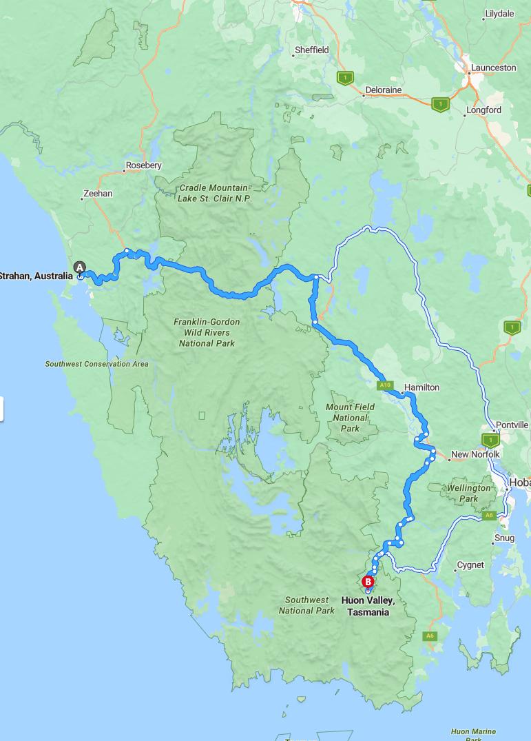 driving from Strahan, Tasmania to Huon ValleyTasmania - map and route