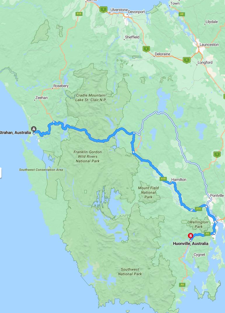 driving from Strahan, Tasmania to HuonvilleTasmania - map and route