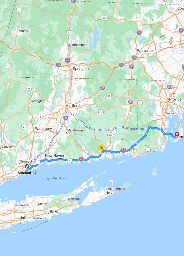 driving from Stratford, Connecticut to NewportRhode Island - map and route