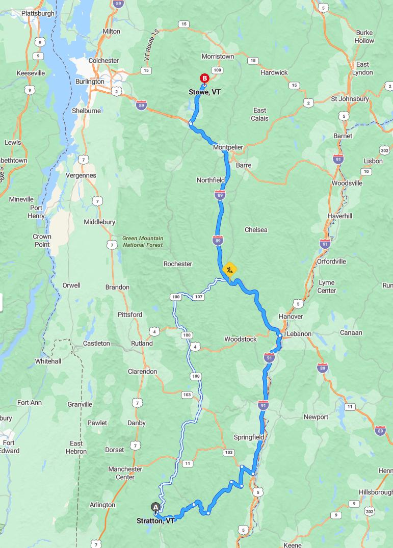 driving from Stratton, Vermont to StowVermont - map and route