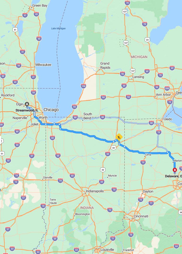 driving from Streamwood, Illinois to DelawareOhio - map and route