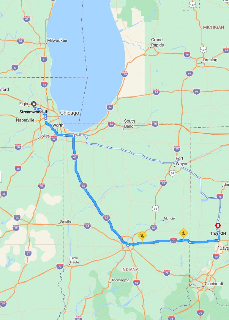 driving from Streamwood, Illinois to TroyOhio - map and route