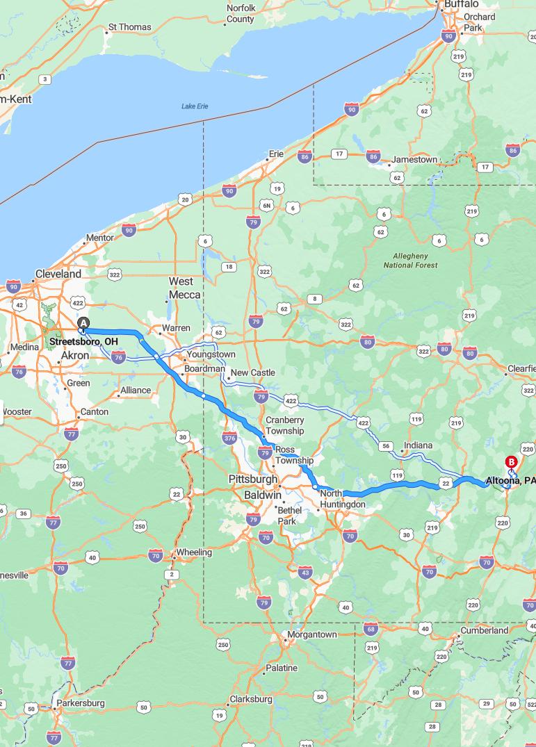 driving from Streetsboro, Ohio to AltoonaPennsylvania - map and route