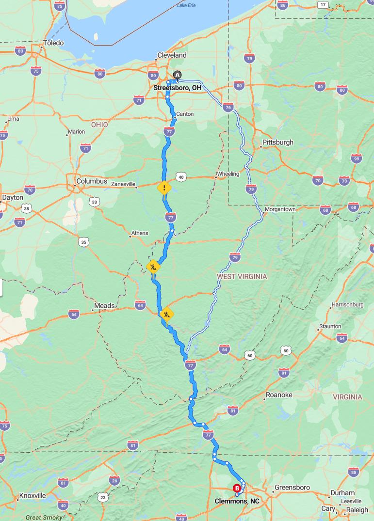 driving from Streetsboro, Ohio to ClemmonsNorth Carolina - map and route