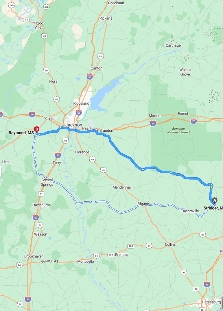 driving from Stringer, Mississippi to RaymondMississippi - map and route