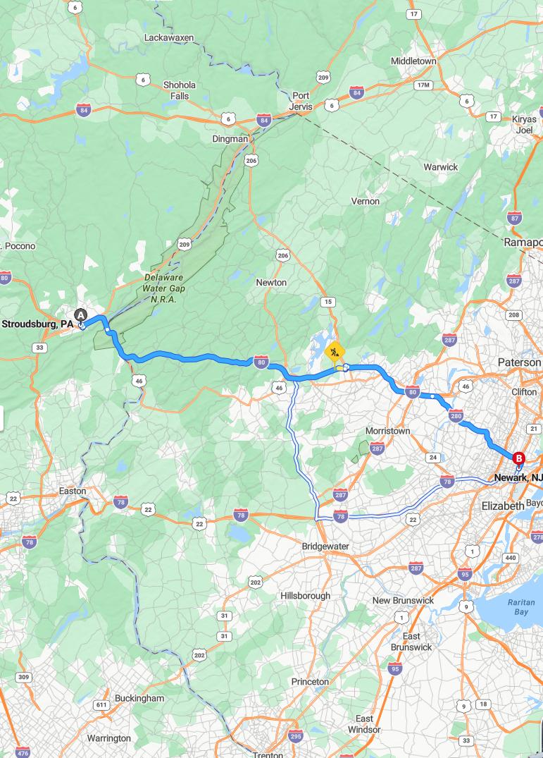 driving from Stroudsburg, Pennsylvania to NewarkNew Jersey - map and route