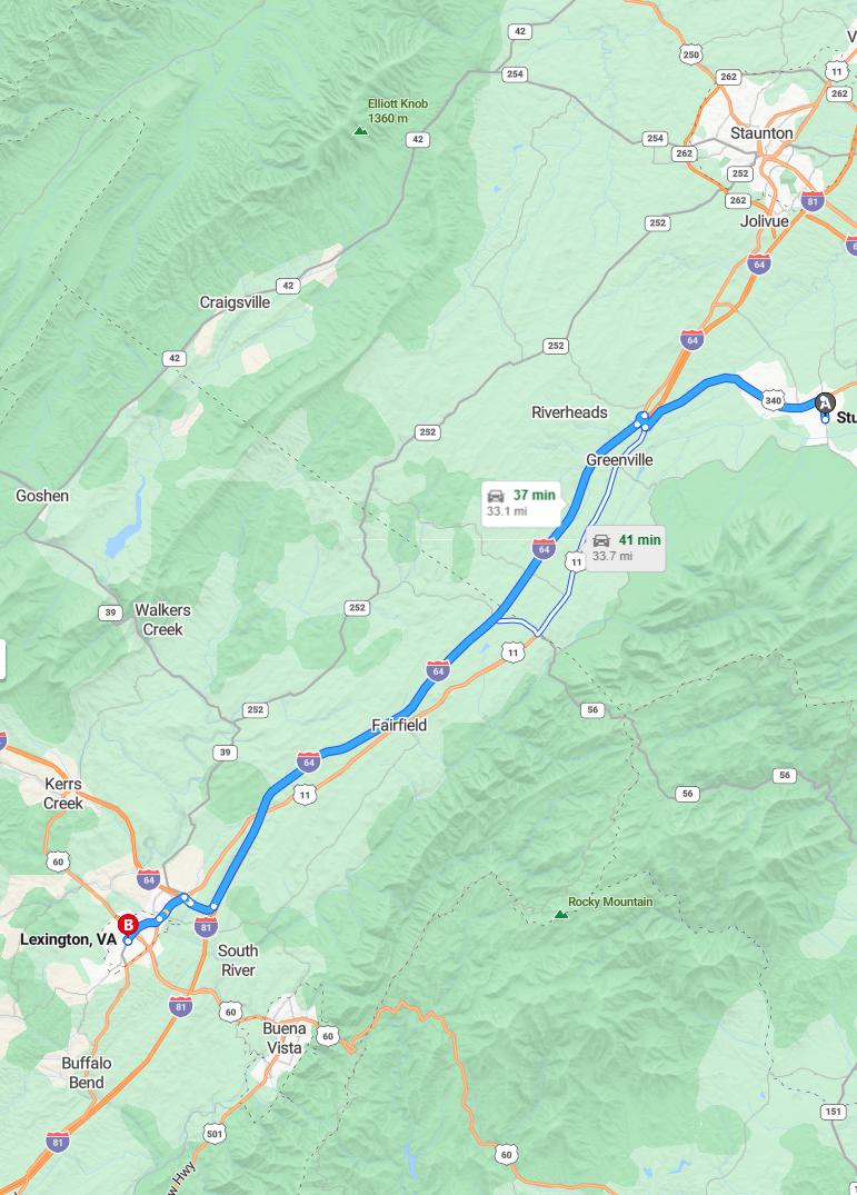 driving from Stuarts Draft, Virginia to LexingtonVirginia - map and route
