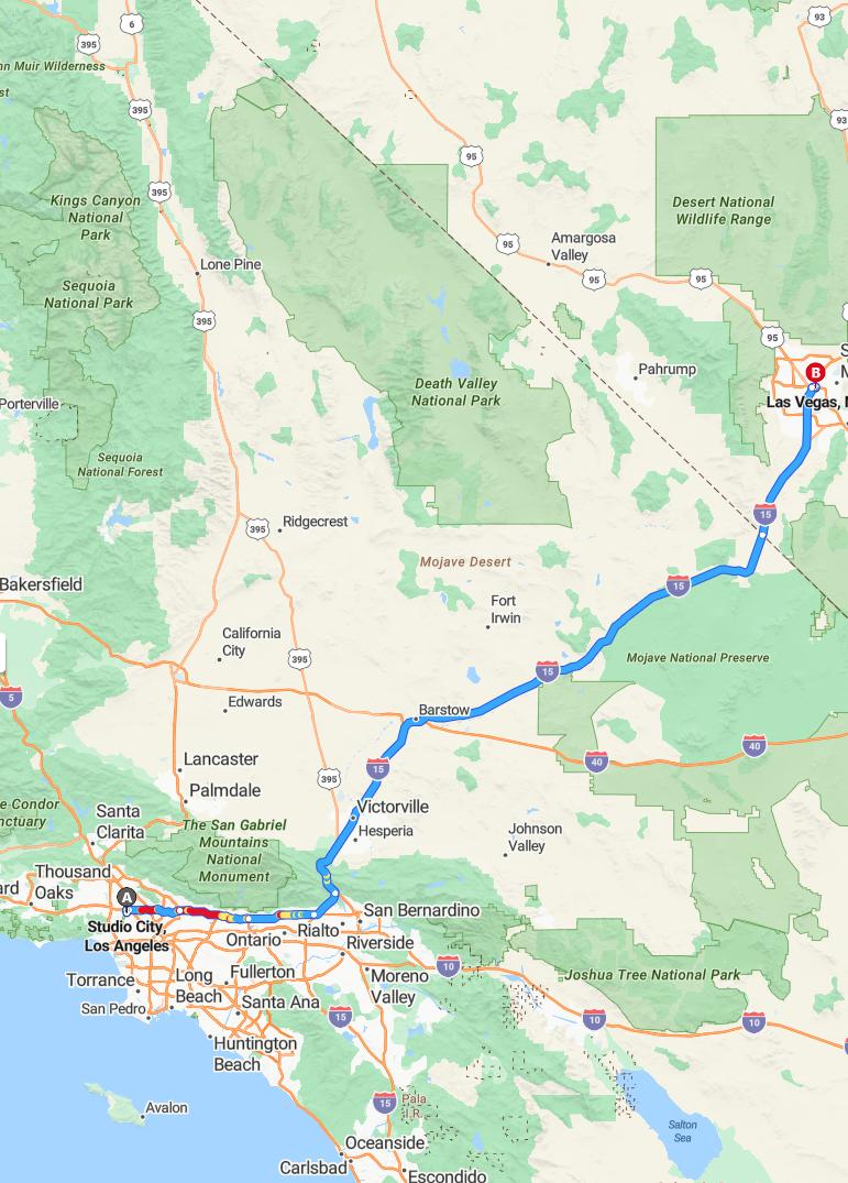 driving from Studio City, California to Las VegasNevada - map and route