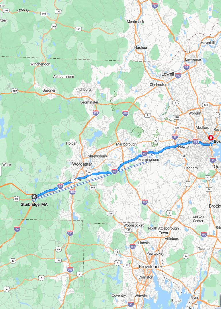 driving from Sturbridge, Massachusetts to BostonMassachusetts - map and route