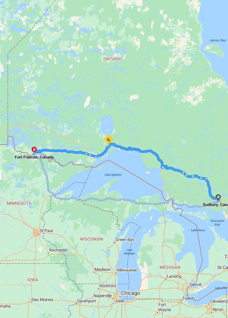 driving from Sudbury, Ontario to Fort FrancesOntario - map and route